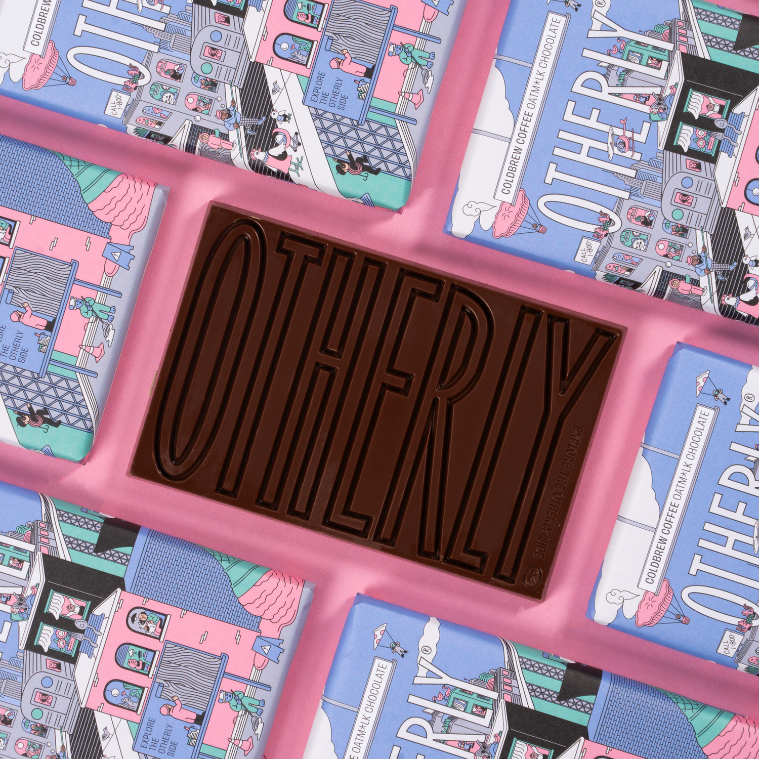 Chocolate bar with 'Otherly' branding surrounded by colourful packaging