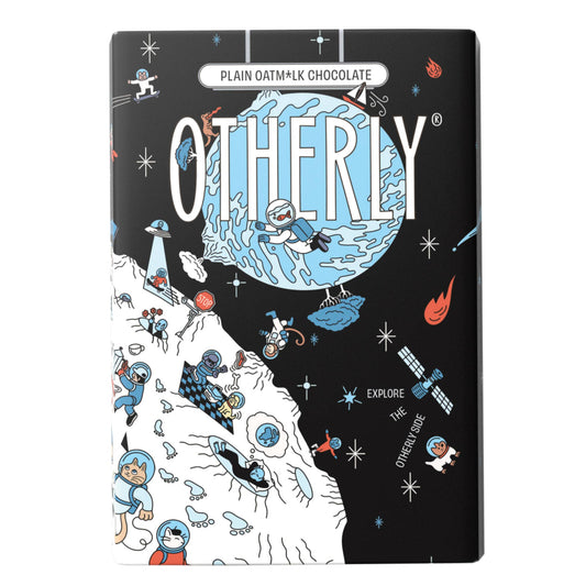 Chocolate bar packaging with space-themed illustrations and 'OTHERLY' branding.