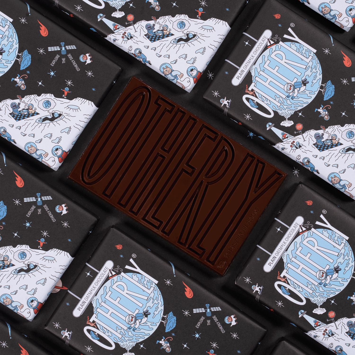 Collection of Chocolate 'Otherly' packaging with space-themed illustrations on a black background