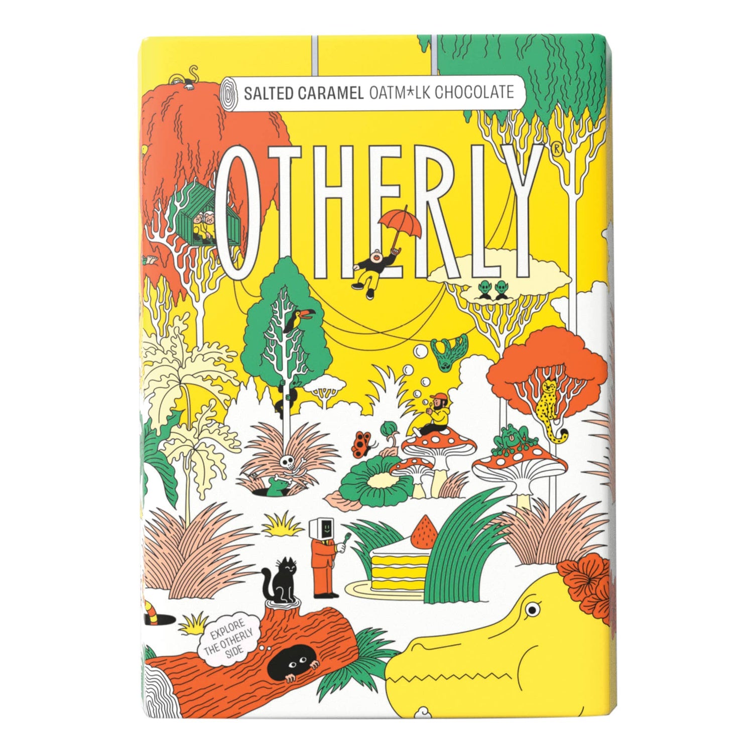 Colourful packaging chocolate with 'OTHERLY' branding and nature-themed illustrations on a white background