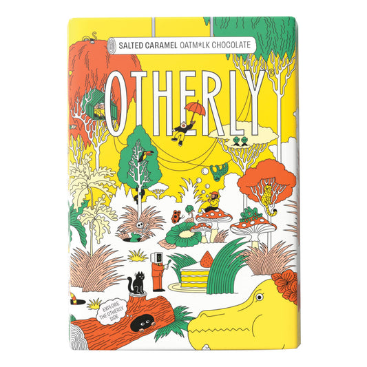 Colourful packaging chocolate with 'OTHERLY' branding and nature-themed illustrations on a white background