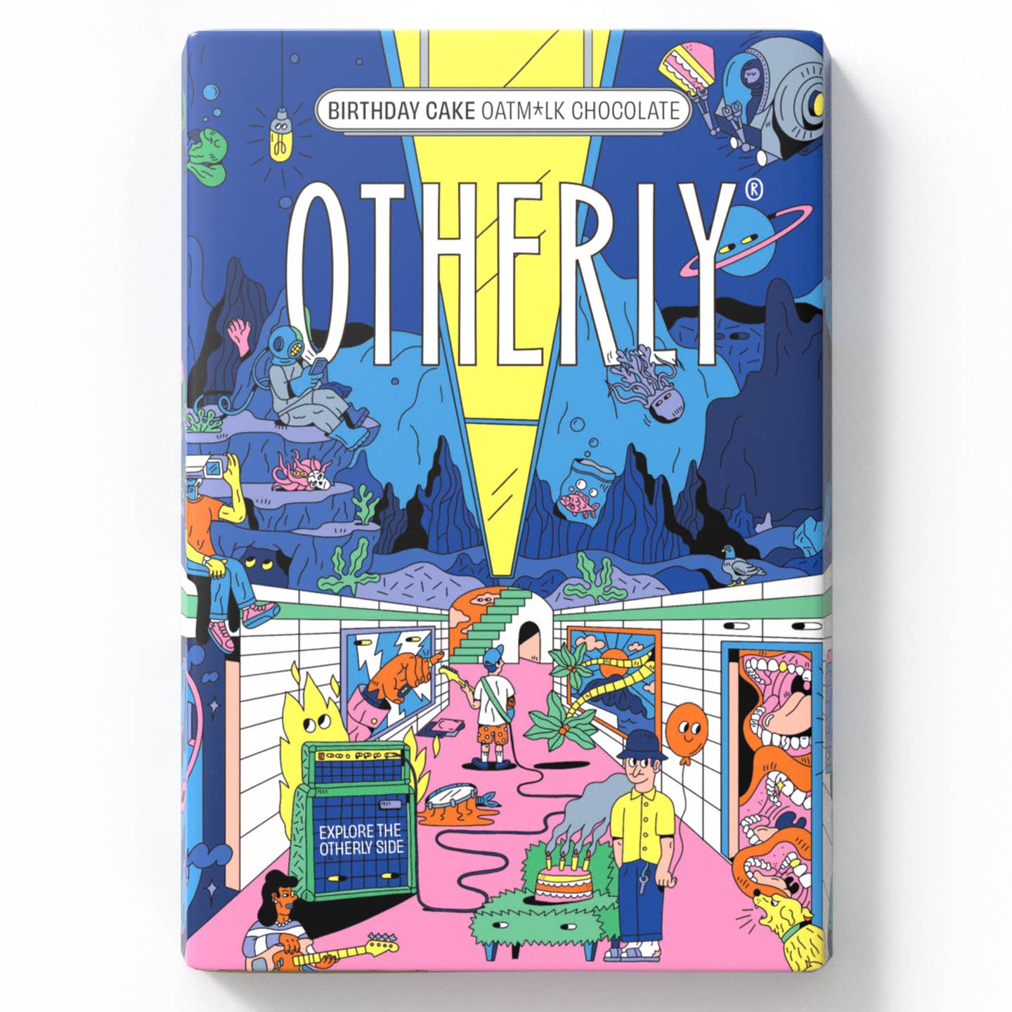 Colourful packaging with 'OTHERLY' chocolate bar branding and cartoon characters on a white background