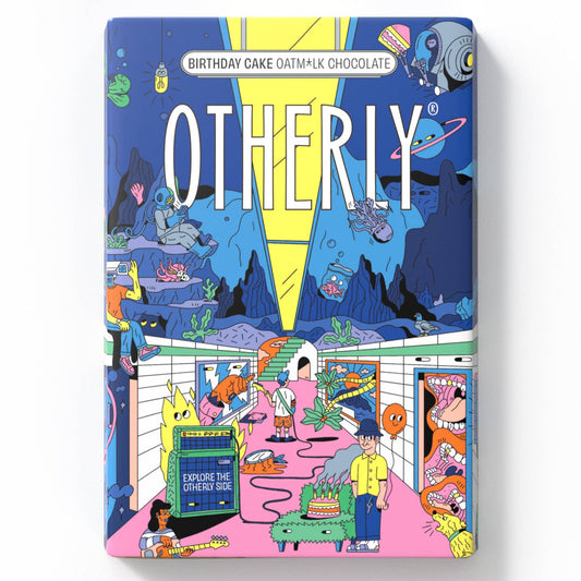 Colourful packaging with 'OTHERLY' chocolate bar branding and cartoon characters on a white background
