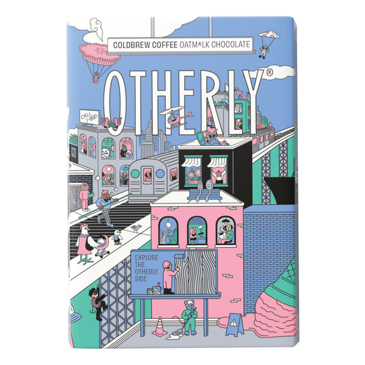 Illustrated cityscape with 'OTHERLY' branding on a blue background chocolate