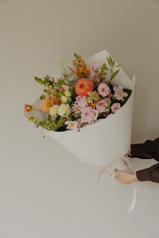 Watermelon Sugar pastel bouquet with soft seasonal blooms