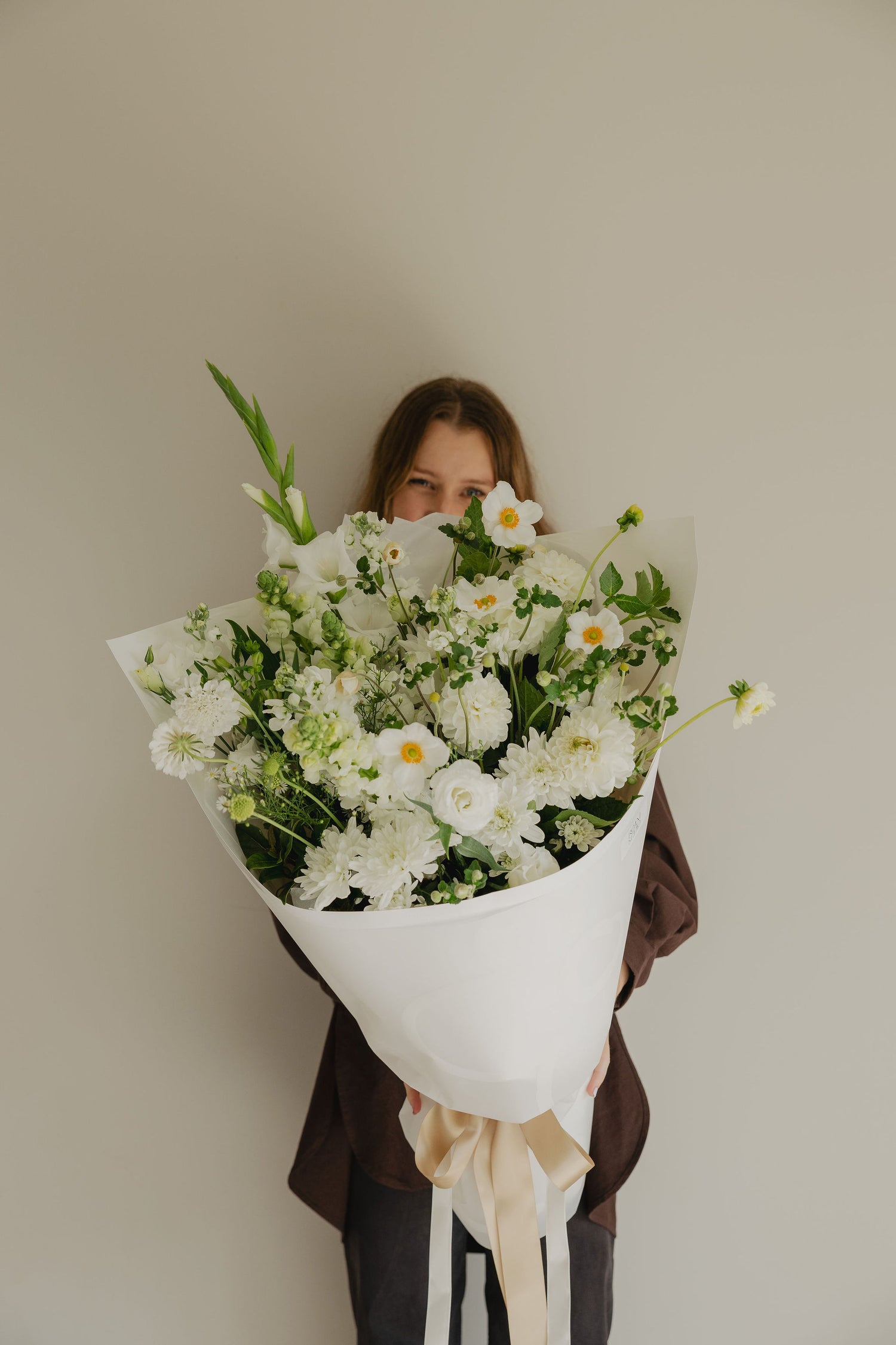 Simple Pleasures white and green bouquet by Roam Studio Florist Tauranga