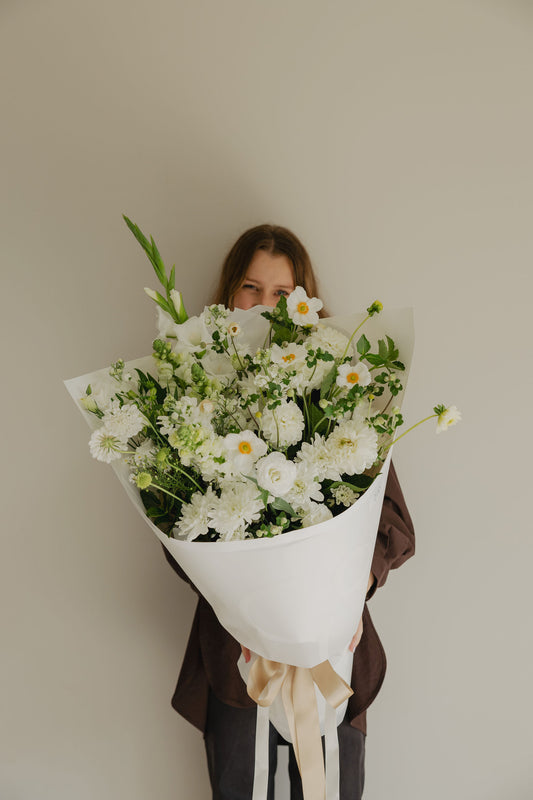 Simple Pleasures white and green bouquet by Roam Studio Florist Tauranga