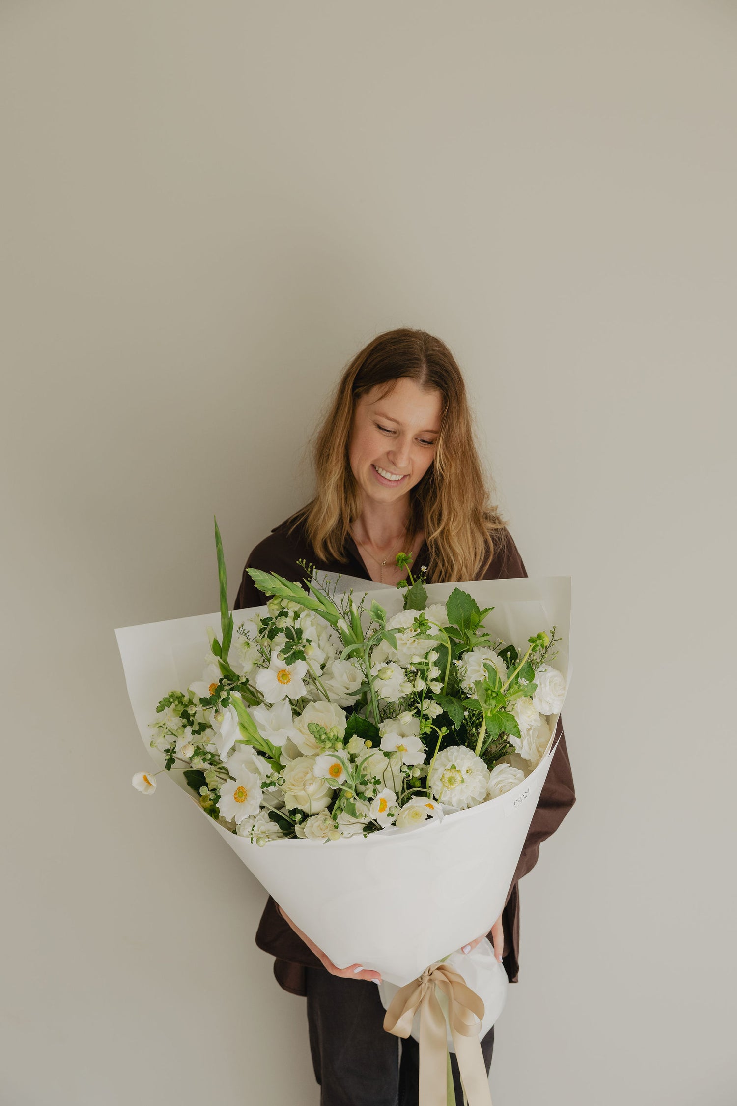 Simple Pleasures white and green flower bouquet with seasonal blooms