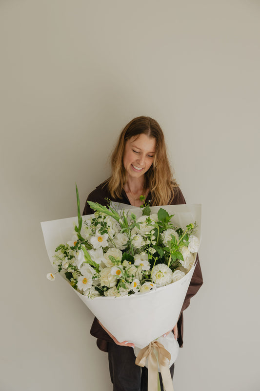 Simple Pleasures white and green flower bouquet with seasonal blooms