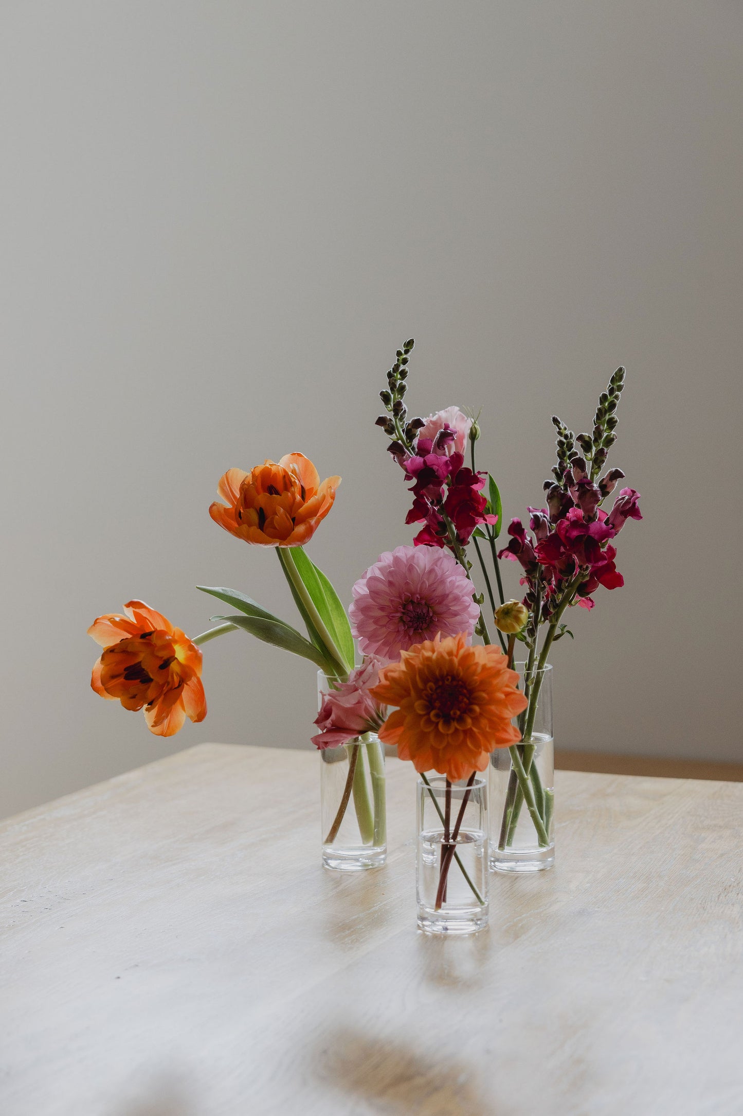 Three small glass vases with bright flowers on a light surface against a plain background