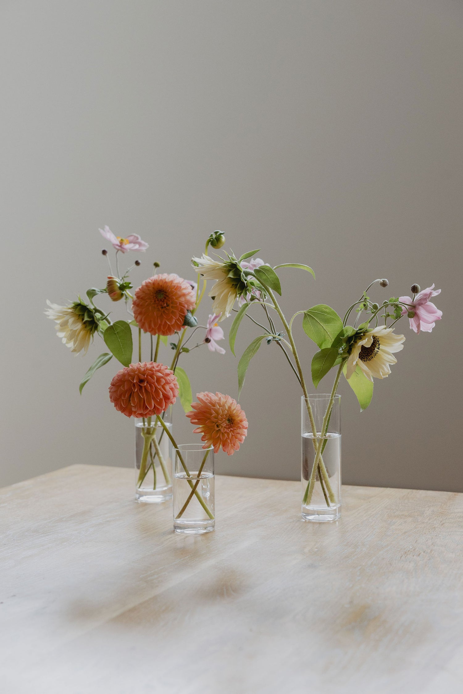 Three glass vases with pastel flowers on a light surface against a plain background
